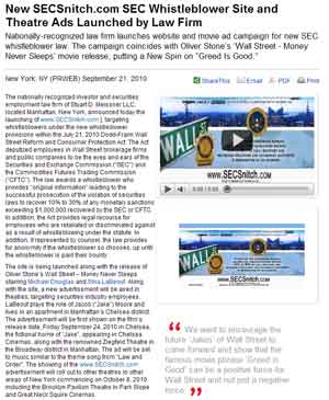 New SECSnitch.com SEC Whistleblower Site and Theatre Ads Launched by Law Firm